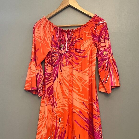 NWT Trina Turk Women’s Off Shoulder Floral Bell Sleeve Dress Orange Purple M - Picture 7 of 9